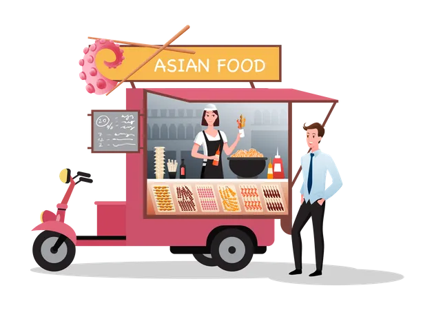 Mulher servindo comida asiática em caminhão  Ilustração
