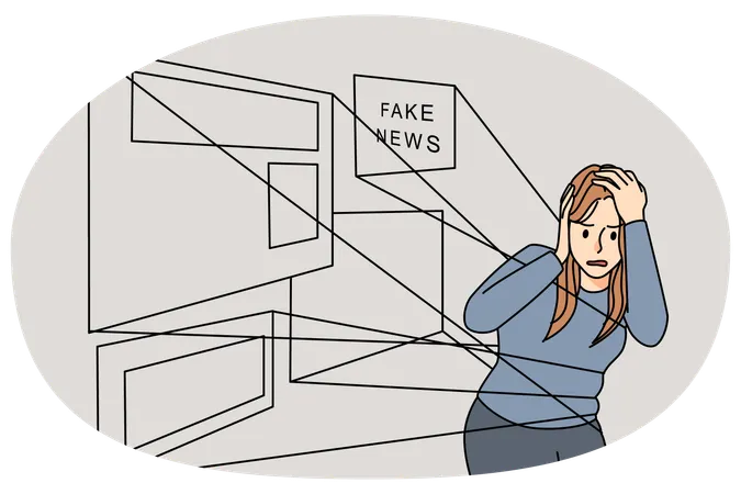 Mulher sob influência de notícias falsas  Ilustração