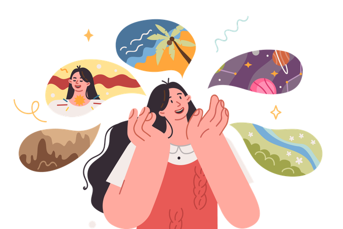 Mulher sonha com um futuro feliz e oportunidade de viajar pelo planeta e relaxar no resort do sul  Ilustração