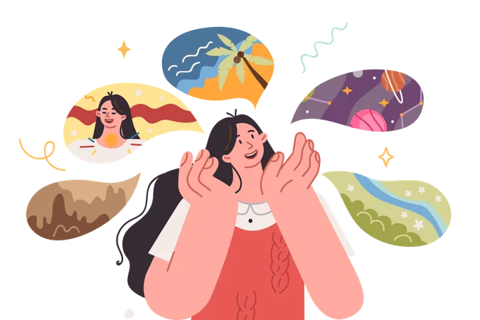 Mulher sonha com um futuro feliz e oportunidade de viajar pelo planeta e relaxar no resort do sul  Ilustração