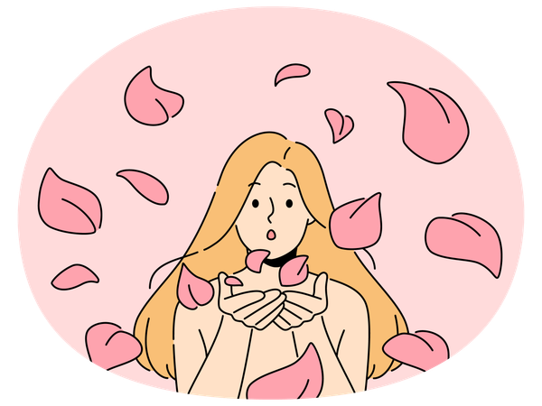 Mulher sopra pétalas de rosas para câmera  Ilustração
