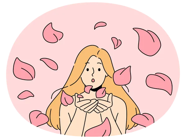 Mulher sopra pétalas de rosas para câmera  Ilustração