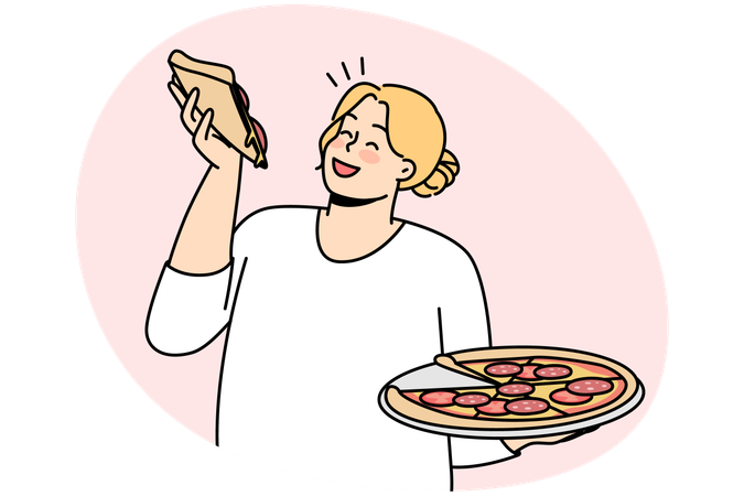 Mulher sorridente com sobrepeso e pizza  Ilustração