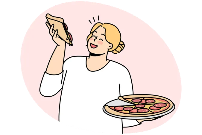 Mulher sorridente com sobrepeso e pizza  Ilustração