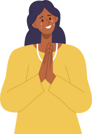 Mulher sorridente chorando de felicidade sentindo gratidão de mãos dadas em posição de oração  Ilustração