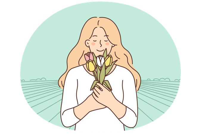 Mulher sorridente com buquê de flores colhidas em plantação rural para cultivo de tulipas  Ilustração