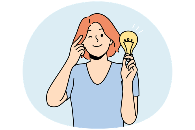 Mulher sorridente com lâmpada desenvolve ideia de negócio  Ilustração