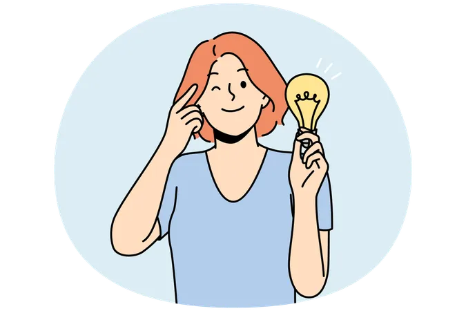 Mulher sorridente com lâmpada desenvolve ideia de negócio  Ilustração
