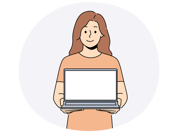 Mulher sorridente com laptop de maquete aberta  Ilustração