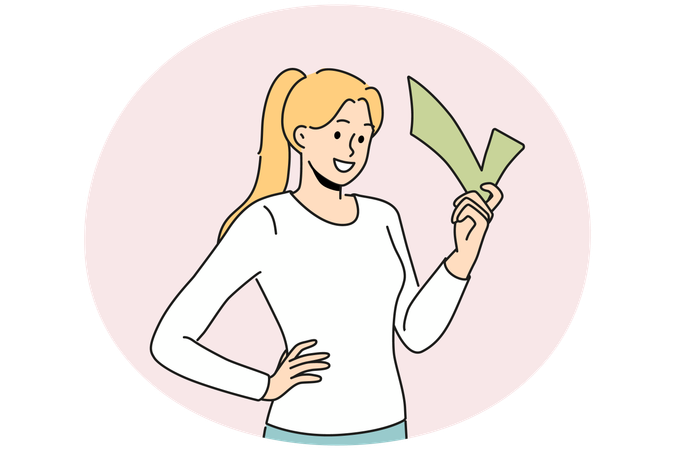 Mulher sorridente com sinal de cheque nas mãos  Ilustração