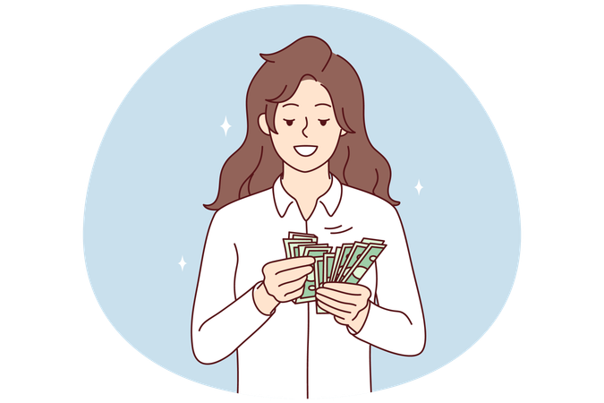 Mulher sorridente contando notas de dinheiro  Ilustração