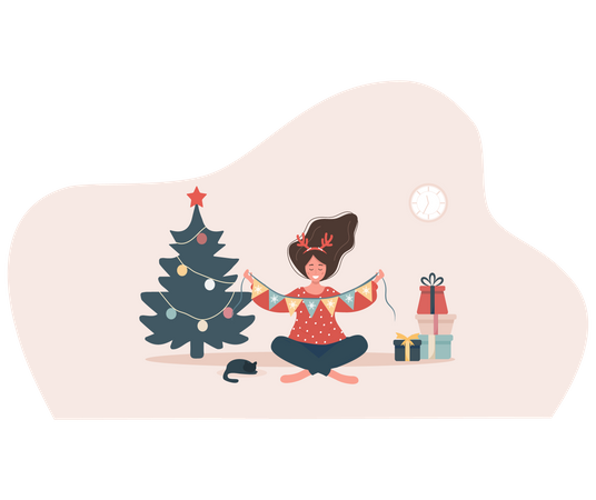 Mulher sorridente decorando a árvore de Natal. Cartão postal vintage de ano novo.  Ilustração