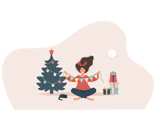 Mulher sorridente decorando a árvore de Natal. Cartão postal vintage de ano novo.  Ilustração