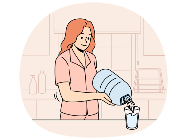 Mulher sorridente despejando água de uma garrafa  Ilustração