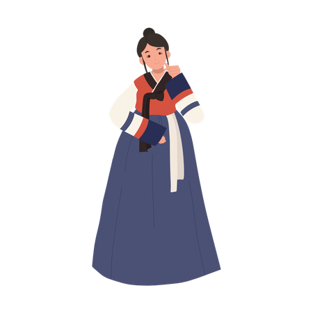 Mulher sorridente em traje tradicional coreano hanbok com mini pose de mão cardíaca  Ilustração