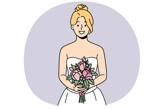 Mulher sorridente em vestido de noiva e buquê de noiva  Ilustração