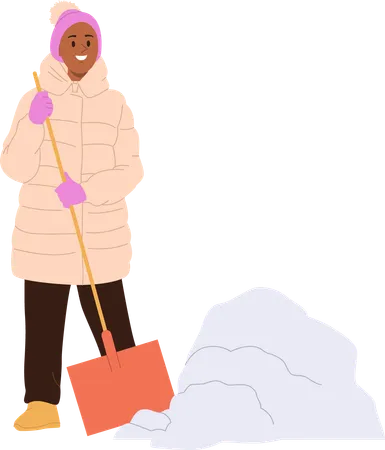 Mulher sorridente feliz removendo neve com pá limpando quintal ou estrada  Ilustração