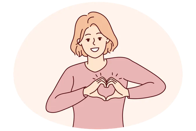 Mulher sorridente mostra gesto de coração com a mão  Ilustração