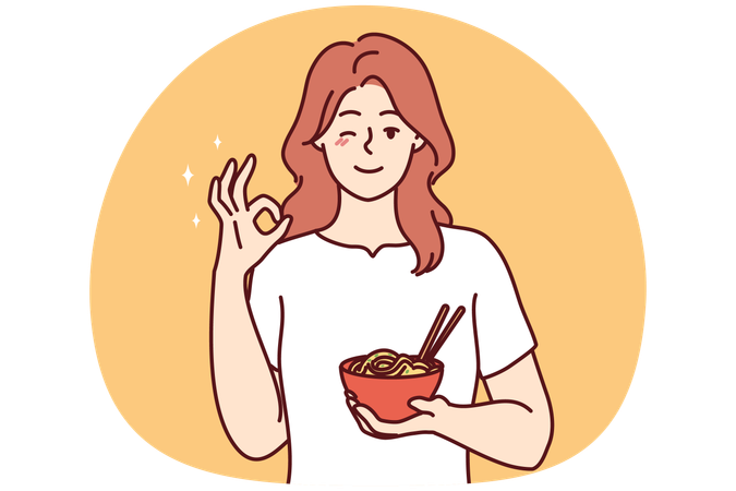 Mulher sorridente recomendando comida mostrando gesto de ok  Ilustração