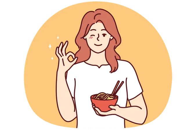 Mulher sorridente recomendando comida mostrando gesto de ok  Ilustração