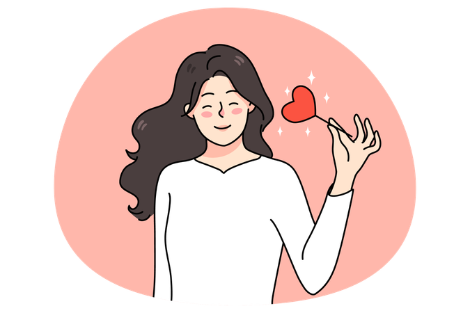 Mulher sorridente segura coração em vara  Ilustração