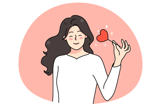 Mulher sorridente segura coração em vara  Ilustração