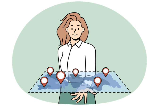 Mulher sorridente segurando um mapa com locais marcados  Ilustração