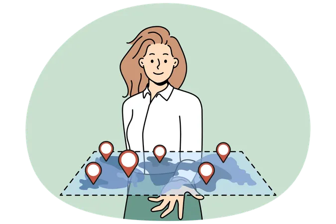 Mulher sorridente segurando um mapa com locais marcados  Ilustração