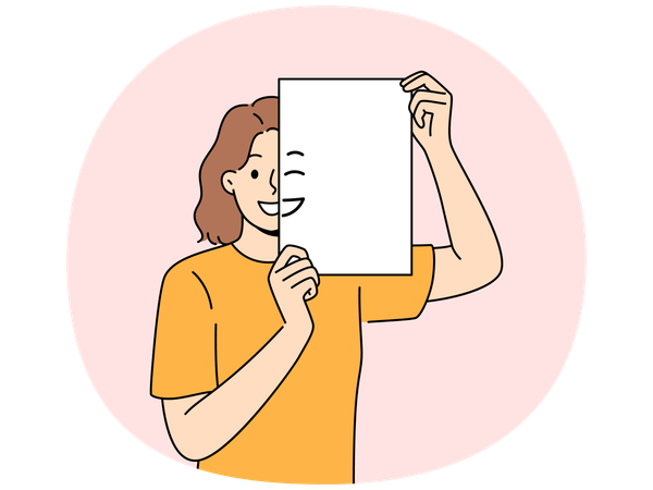 Mulher sorridente segurando um pedaço de papel com emoji na frente do rosto e olhando para a tela  Ilustração