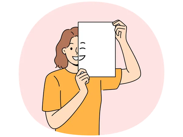 Mulher sorridente segurando um pedaço de papel com emoji na frente do rosto e olhando para a tela  Ilustração