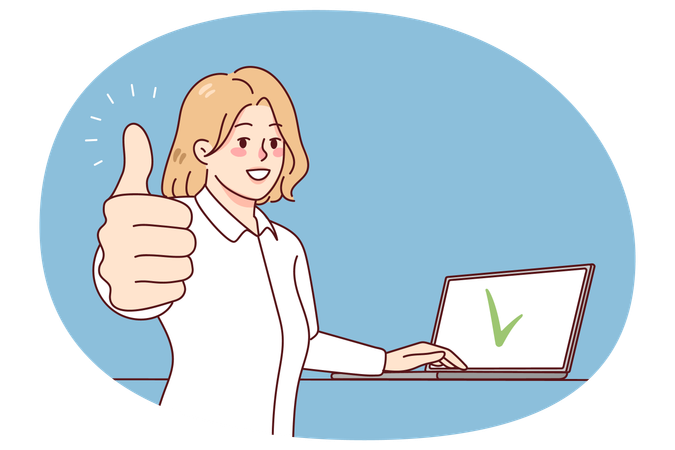 Mulher sorridente trabalhando em um laptop mostrando o polegar para cima  Ilustração