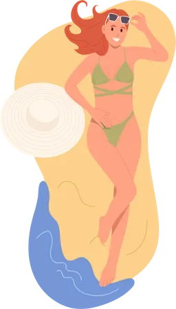 Mulher Sorridente Feliz Desenho Animado Personagem Turistica Feminina Deitada Na Praia De Areia De Verao A Beira Mar Olhando Para Cima Tirando Seus Oculos De Sol Design De Ilustracao Vetorial De Vista Superior Conceito De Verao E Ferias Ilustração