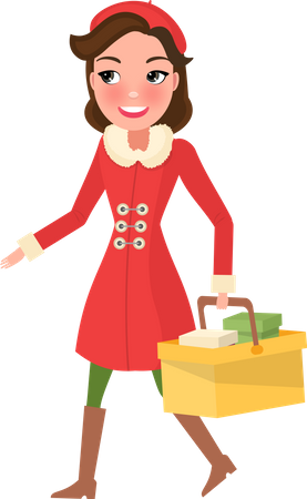 Mulher sorridente com casaco quente comprando presentes no Natal  Ilustração