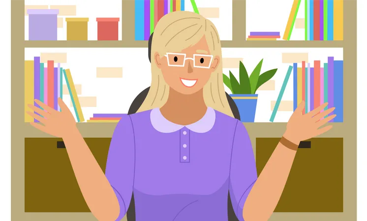 Mulher sorridente fazendo videochamada em conferência. Linda garota está conversando on-line, trabalhando em casa  Ilustração
