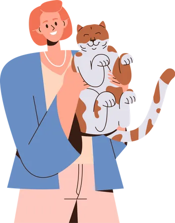 Mulher sorridente segurando um gato fofo nos braços  Ilustração