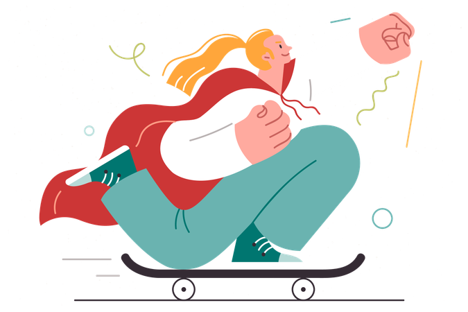 Super-herói mulher anda de skate com a mão levantada  Ilustração