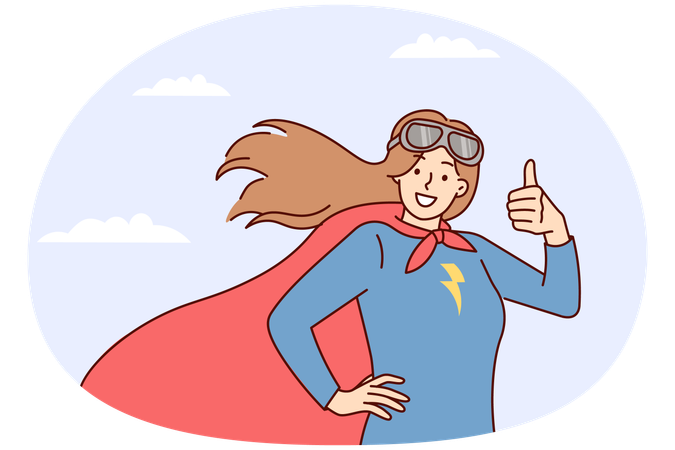 Mulher super-heroína com imagem de um raio no peito mostra polegares para cima no fundo de céu nublado  Ilustração