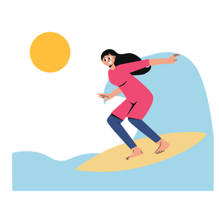 Mulher surfando em prancha de surfe  Ilustração
