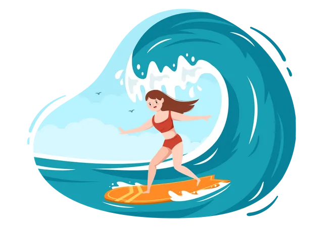 Mulher surfando no mar  Ilustração
