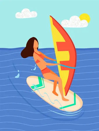 Mulher surfista andando a bordo com tela  Ilustração