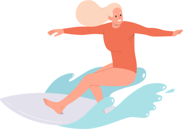 Mulher excitada surfista pegando onda andando alto na prancha de surf através da superfície do oceano  Ilustração