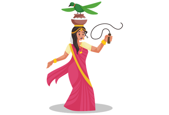 Mulher tâmil fazendo dança folclórica no festival Pongal  Ilustração