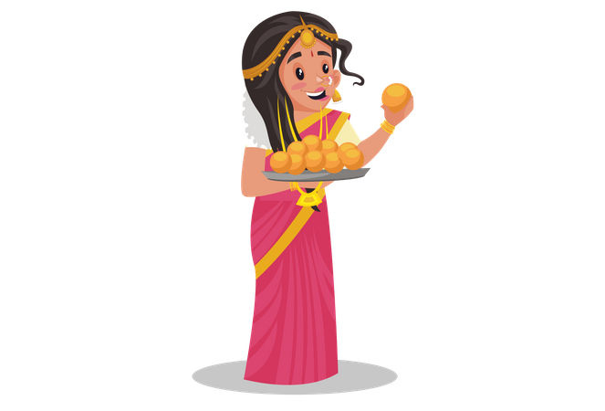 Mulher tâmil segurando um prato laddoo na mão  Ilustração