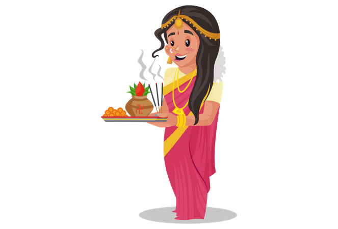 Mulher tâmil segurando prato de adoração  Ilustração