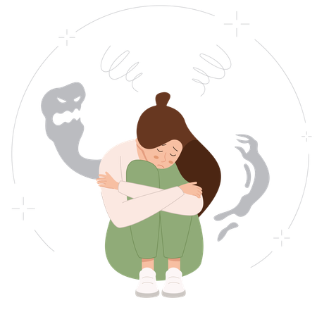 Mulher tem transtorno de estresse pós-traumático (TEPT)  Ilustração