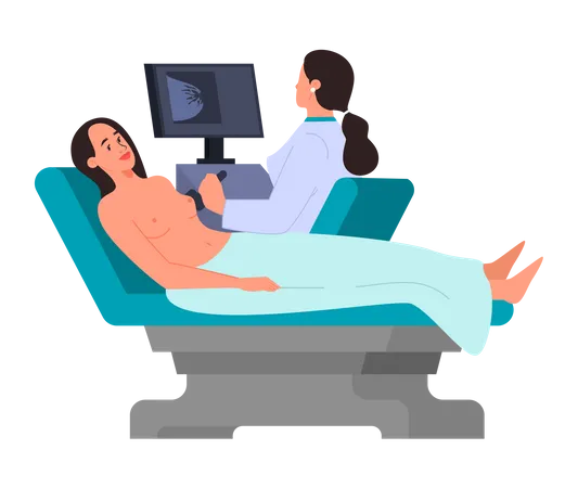 Mulher passando por um procedimento de ultrassom para diagnóstico de câncer de mama  Ilustração