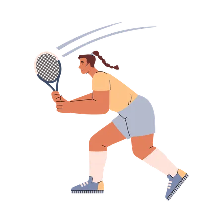 Mulher tenista com trança preparada para bater a bola com uma raquete  Ilustração