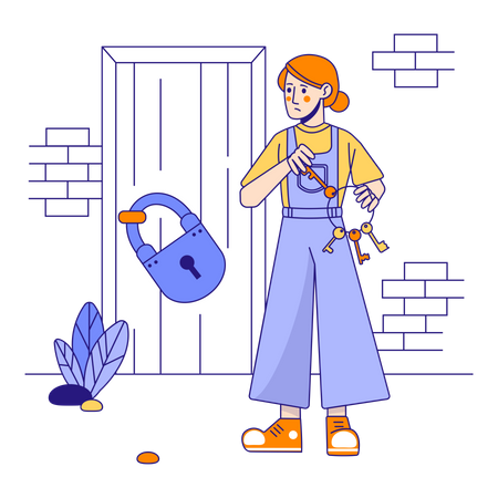 Mulher tentando chaves diferentes para destravar a fechadura da porta  Ilustração