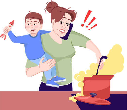 Mulher tentando lidar com tarefas domésticas e infantis  Ilustração