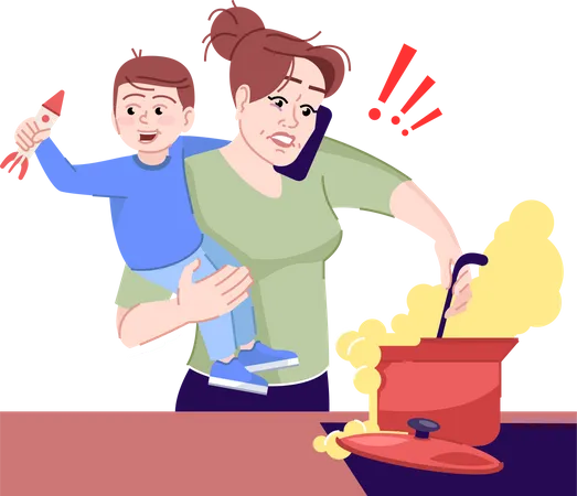 Mulher tentando lidar com tarefas domésticas e infantis  Ilustração